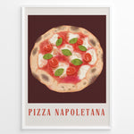 Load image into Gallery viewer, Italian Pizza Napoletana art print plakat with tomatoes, basil, and cheese on a dark red background framed in black.
