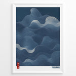 Load image into Gallery viewer, Japanese abstract wave line art in deep blue tones with “Yasuragi” text in a minimalist framed poster.
