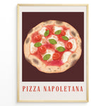 Load image into Gallery viewer, Italian Pizza Napoletana art print plakat with tomatoes, basil, and cheese on a dark red background framed in black.
