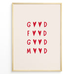 Load image into Gallery viewer, Minimalist wall art print plakat with the red quote “Good Food Good Mood” in heart-shaped typography framed in black on beige background.
