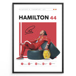 Load image into Gallery viewer, Framed Hamilton 44 Scuderia Ferrari F1 poster showing the driver in a red suit leaning on tires, holding a yellow helmet, with signature and career stats.
