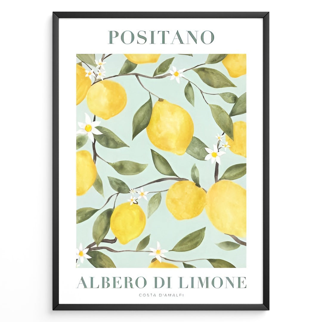 Positano lemon tree poster with yellow lemons, green leaves, and white flowers on a light blue background in a black frame.
