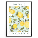 Load image into Gallery viewer, Positano lemon tree poster with yellow lemons, green leaves, and white flowers on a light blue background in a black frame.

