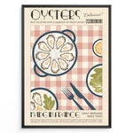 Load image into Gallery viewer, Vintage French oysters poster with illustrated oyster platter, lemon slices, and cutlery on a pink checkered background in a black frame.
