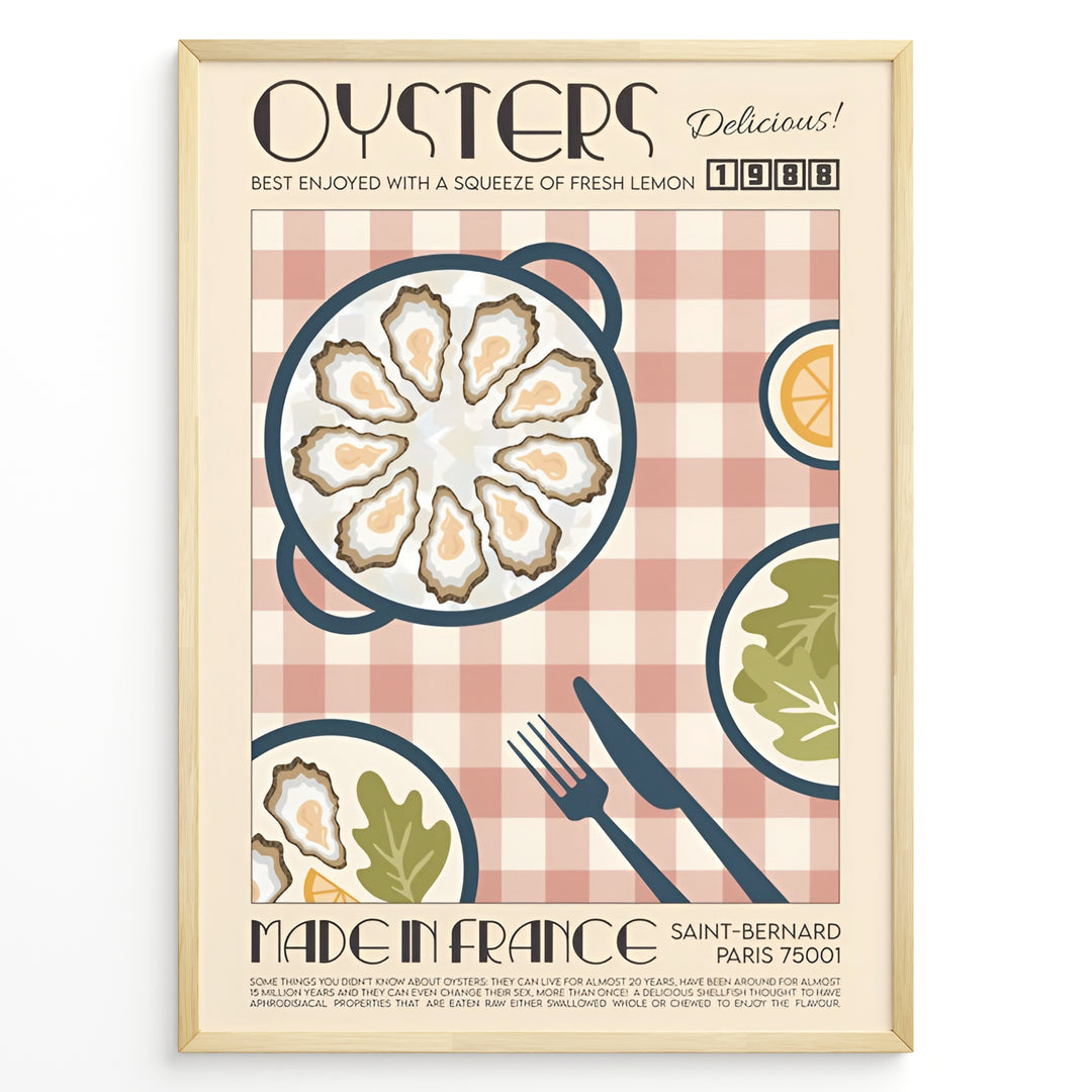 Vintage French oysters poster with illustrated oyster platter, lemon slices, and cutlery on a pink checkered background in a golden frame.