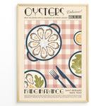 Load image into Gallery viewer, Vintage French oysters poster with illustrated oyster platter, lemon slices, and cutlery on a pink checkered background in a golden frame.
