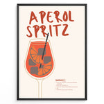Load image into Gallery viewer, Aperol Spritz cocktail poster with illustrated orange drink, ice cubes, and straw on a cream background in a black frame.
