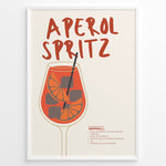 Load image into Gallery viewer, Aperol Spritz cocktail poster with illustrated orange drink, ice cubes, and straw on a cream background in a white frame.
