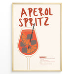 Load image into Gallery viewer, Aperol Spritz cocktail poster with illustrated orange drink, ice cubes, and straw on a cream background in a golden frame.
