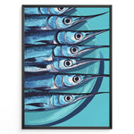 Load image into Gallery viewer, Modern blue fish art print plakat showing aligned fish with long snouts on a turquoise background framed in black.
