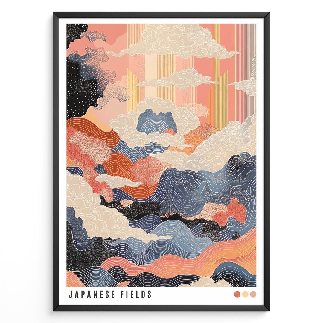 Colorful Japanese abstract landscape with waves, clouds, and textured patterns in a framed poster.
