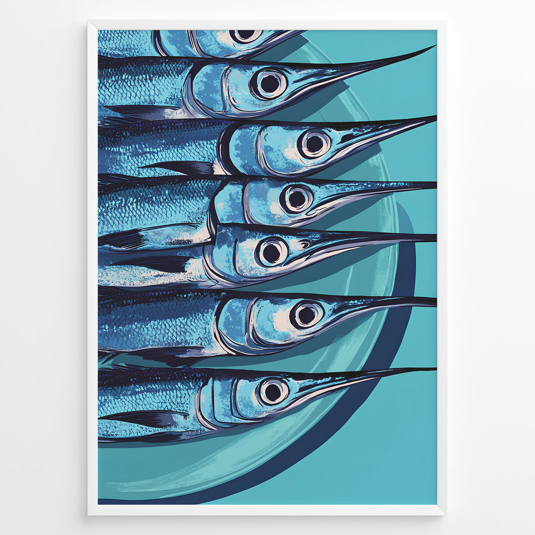 Modern blue fish art print plakat showing aligned fish with long snouts on a turquoise background framed in black.