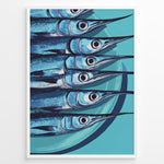 Load image into Gallery viewer, Modern blue fish art print plakat showing aligned fish with long snouts on a turquoise background framed in black.
