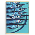 Load image into Gallery viewer, Modern blue fish art print plakat showing aligned fish with long snouts on a turquoise background framed in black.
