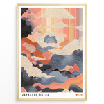 Load image into Gallery viewer, Colorful Japanese abstract landscape with waves, clouds, and textured patterns in a framed poster.
