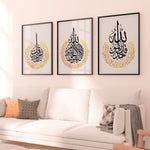 Load image into Gallery viewer, 3x Islam Posters Gold | Ayat Al-Kursi | Surat An-Nas | Surat Al-Ikhalas
