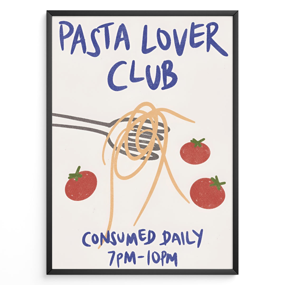 Pasta Lover Club poster with spaghetti twirled on a fork and red tomatoes, featuring bold blue text on a cream background.