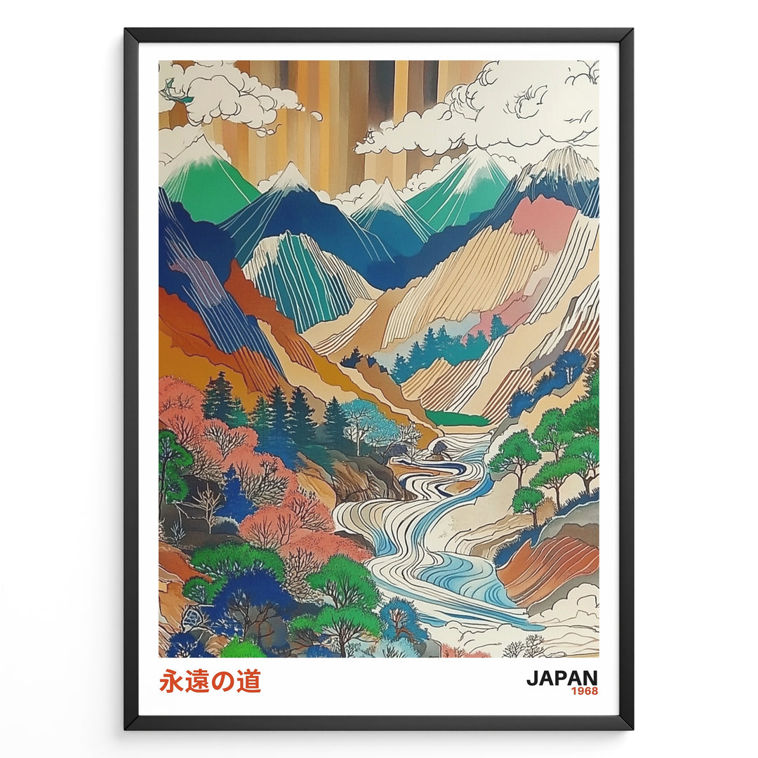 Vintage-style Japanese mountain landscape illustration with rivers, trees, and colorful layered peaks in a framed poster.