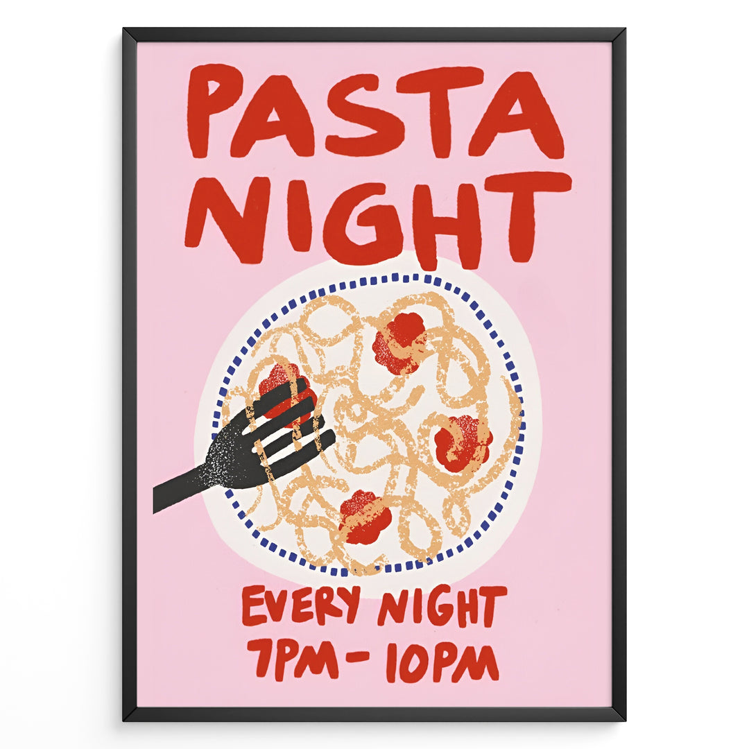 Pasta Night poster with a hand holding a fork in a plate of spaghetti and tomato sauce on a pink background.