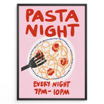 Load image into Gallery viewer, Pasta Night poster with a hand holding a fork in a plate of spaghetti and tomato sauce on a pink background.

