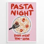 Load image into Gallery viewer, Pasta Night poster with a hand holding a fork in a plate of spaghetti and tomato sauce on a pink background.
