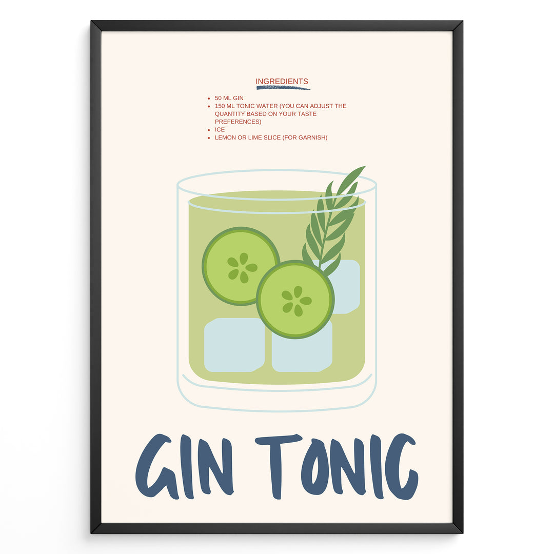 Gin Tonic cocktail poster with illustrated glass containing cucumber slices, ice cubes, and herbs on a cream background in a black frame.