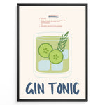 Load image into Gallery viewer, Gin Tonic cocktail poster with illustrated glass containing cucumber slices, ice cubes, and herbs on a cream background in a black frame.
