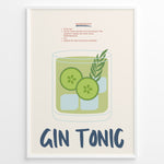 Load image into Gallery viewer, Gin Tonic cocktail poster with illustrated glass containing cucumber slices, ice cubes, and herbs on a cream background in a white frame.
