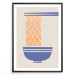 Load image into Gallery viewer, Minimalist ramen poster with orange noodles hanging from blue chopsticks into a blue bowl on a beige background in a black frame.
