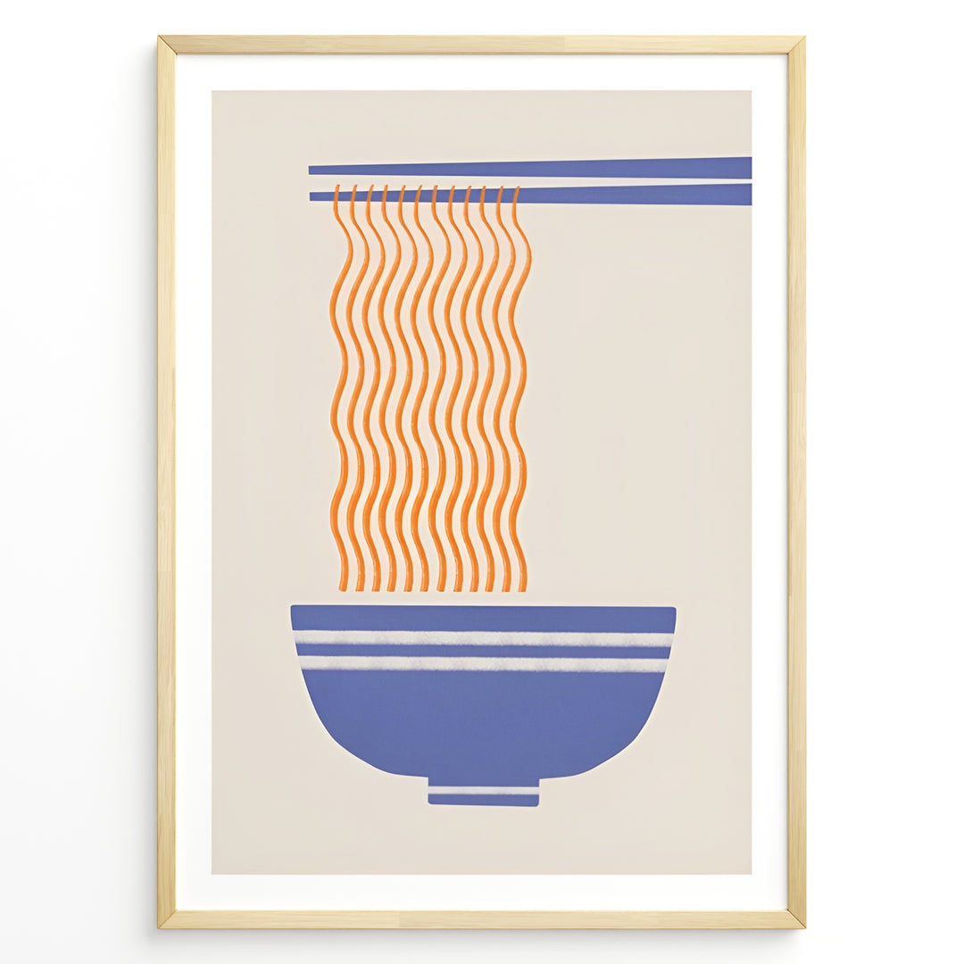 Minimalist ramen poster with orange noodles hanging from blue chopsticks into a blue bowl on a beige background in a golden frame.