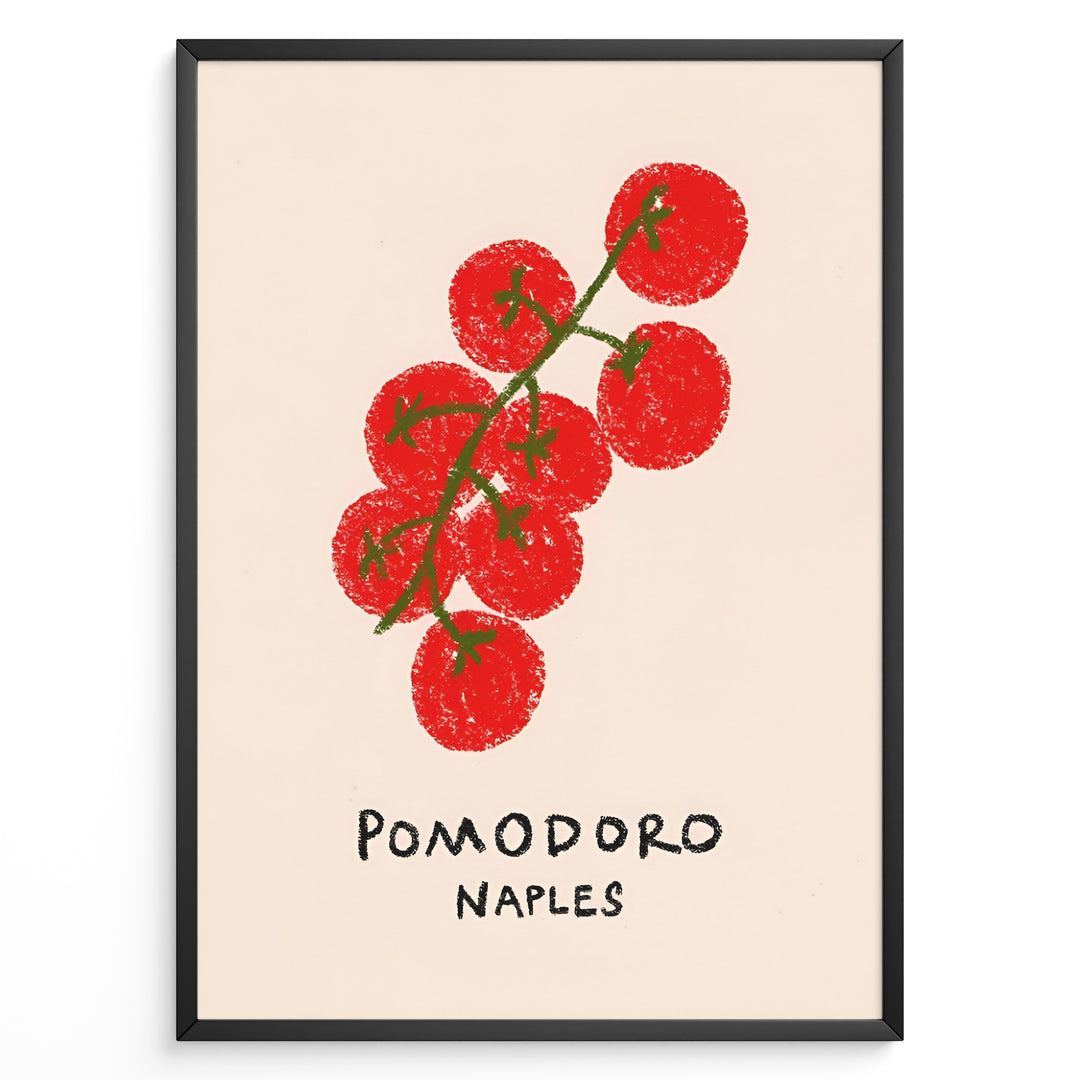 Pomodoro Naples poster with hand-drawn red tomatoes on a green vine and text below on a cream background in a black frame.