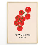 Load image into Gallery viewer, Pomodoro Naples poster with hand-drawn red tomatoes on a green vine and text below on a cream background in a golden frame.
