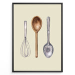Load image into Gallery viewer, Watercolor kitchen utensils poster featuring a whisk, wooden spoon, and slotted metal ladle on a beige background in a black frame.
