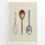 Load image into Gallery viewer, Watercolor kitchen utensils poster featuring a whisk, wooden spoon, and slotted metal ladle on a beige background in a white frame.
