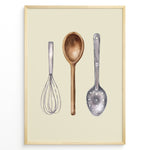 Load image into Gallery viewer, Watercolor kitchen utensils poster featuring a whisk, wooden spoon, and slotted metal ladle on a beige background in a golden frame.
