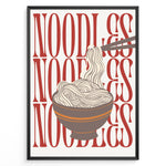 Load image into Gallery viewer, Modern noodles poster with illustrated noodle bowl and chopsticks over bold red “NOODLES” text background in a black frame.
