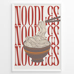 Load image into Gallery viewer, Modern noodles poster with illustrated noodle bowl and chopsticks over bold red “NOODLES” text background in a white frame.
