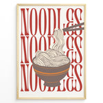 Load image into Gallery viewer, Modern noodles poster with illustrated noodle bowl and chopsticks over bold red “NOODLES” text background in a golden frame.
