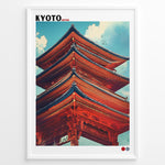 Load image into Gallery viewer, Detailed illustration of a red Japanese pagoda in Kyoto against a blue sky in a framed poster.
