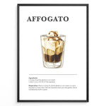 Load image into Gallery viewer, Illustrated affogato recipe poster showing a glass of espresso over gelato with ingredients and instructions.

