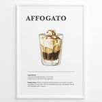 Load image into Gallery viewer, Illustrated affogato recipe poster showing a glass of espresso over gelato with ingredients and instructions.
