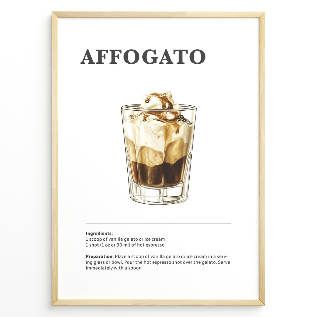 Illustrated affogato recipe poster showing a glass of espresso over gelato with ingredients and instructions.