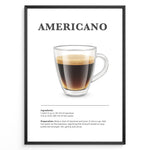Load image into Gallery viewer, Illustrated Americano recipe poster with a glass mug of coffee and preparation steps.
