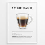 Load image into Gallery viewer, Illustrated Americano recipe poster with a glass mug of coffee and preparation steps.

