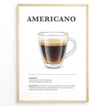 Load image into Gallery viewer, Illustrated Americano recipe poster with a glass mug of coffee and preparation steps.
