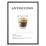 Load image into Gallery viewer, Illustrated Antoccino recipe poster with a glass of espresso and steamed milk.
