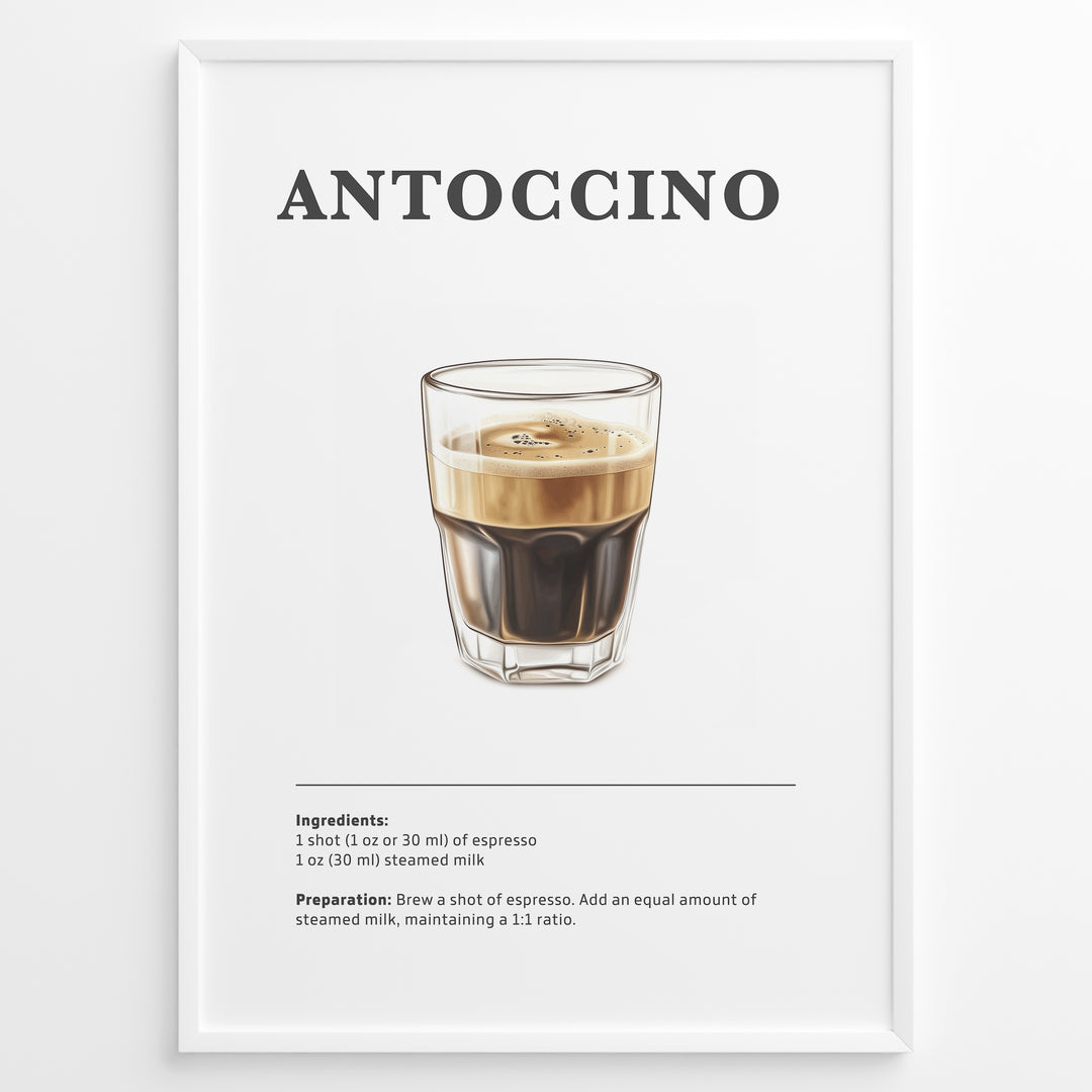 Illustrated Antoccino recipe poster with a glass of espresso and steamed milk.