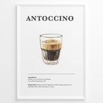 Load image into Gallery viewer, Illustrated Antoccino recipe poster with a glass of espresso and steamed milk.
