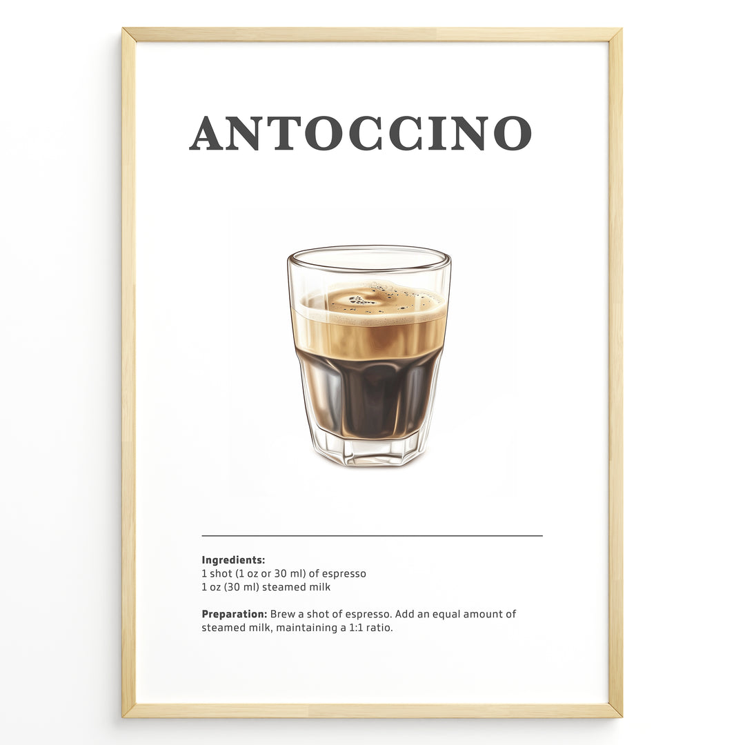 Illustrated Antoccino recipe poster with a glass of espresso and steamed milk.