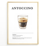 Load image into Gallery viewer, Illustrated Antoccino recipe poster with a glass of espresso and steamed milk.
